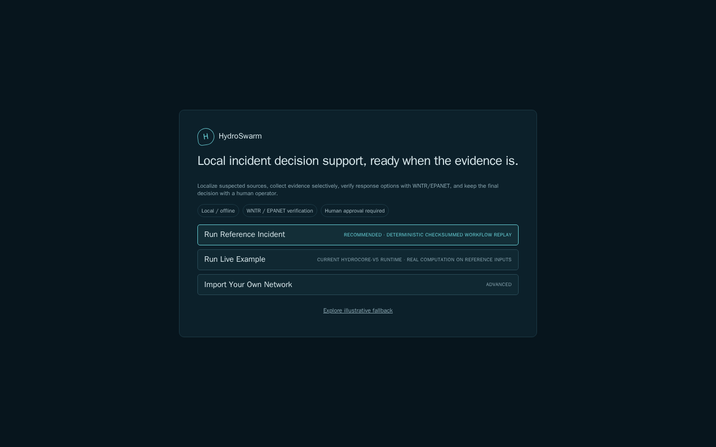 HydroSwarm first-launch gateway offering Reference Incident, Live Example, and Import Network entry points